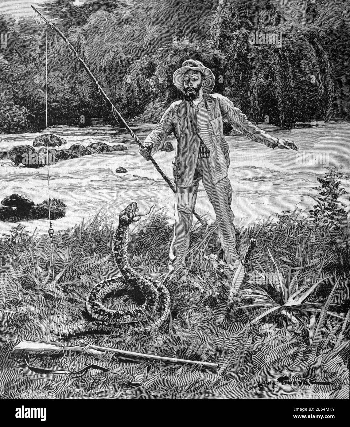 Esploratore in Amazon, Amazon River & enorme serpente o gigante Serpent  1902 Vintage Illustrazione o incisione Foto stock - Alamy