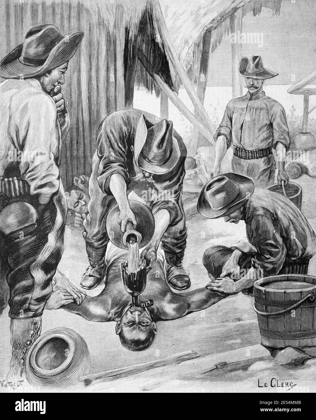 Tortura di acqua nelle Filippine usata contro i filippini dall'americano Forze durante la guerra filippina-americana (1899-1902) 1902 Vintage Illustration o. Incisione Foto Stock
