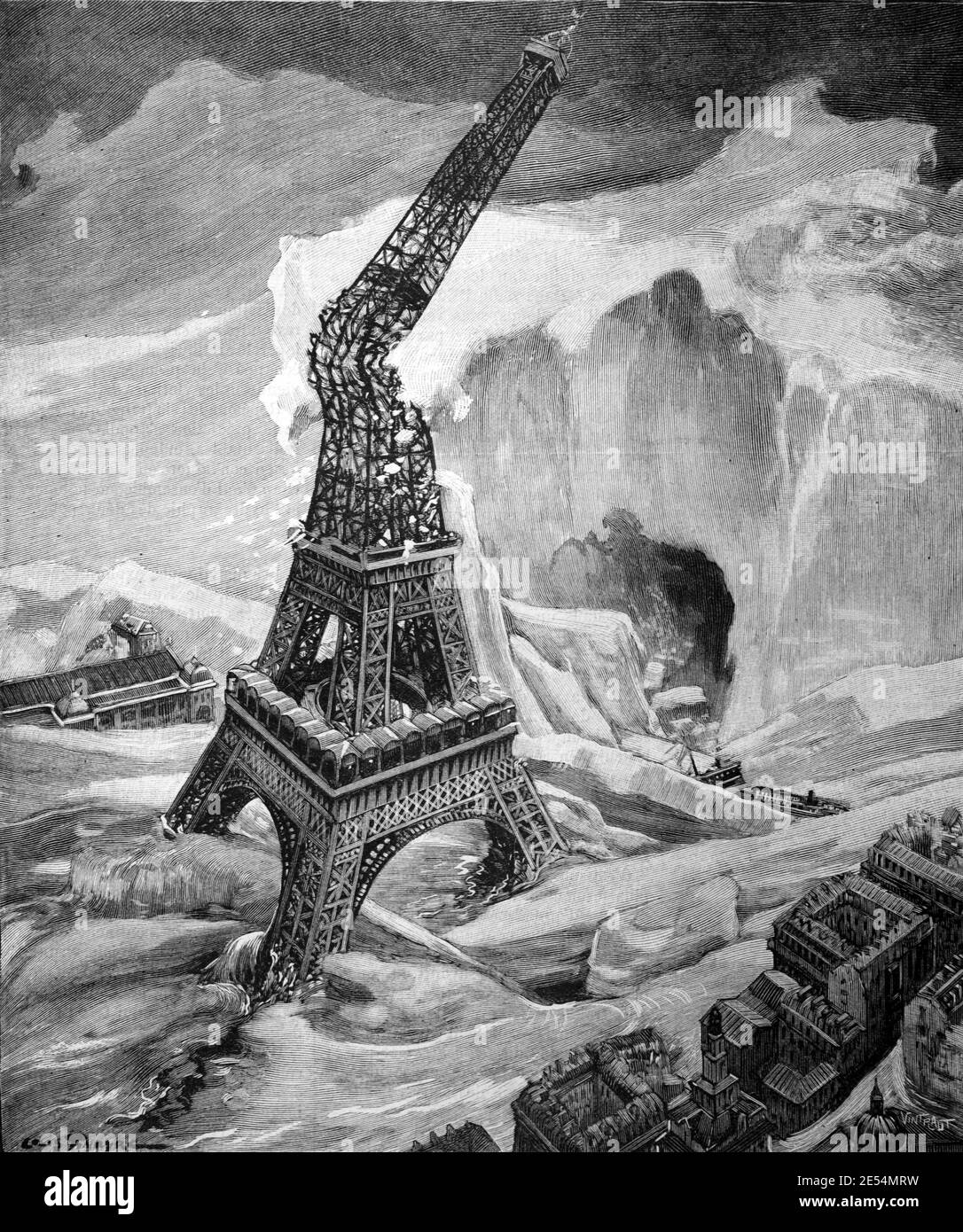 Catastrofe naturale come la Torre Eiffel Parigi è distrutto o. Danneggiato da un'illustrazione vendemmia New Ice Age 1902 o. Incisione Foto Stock