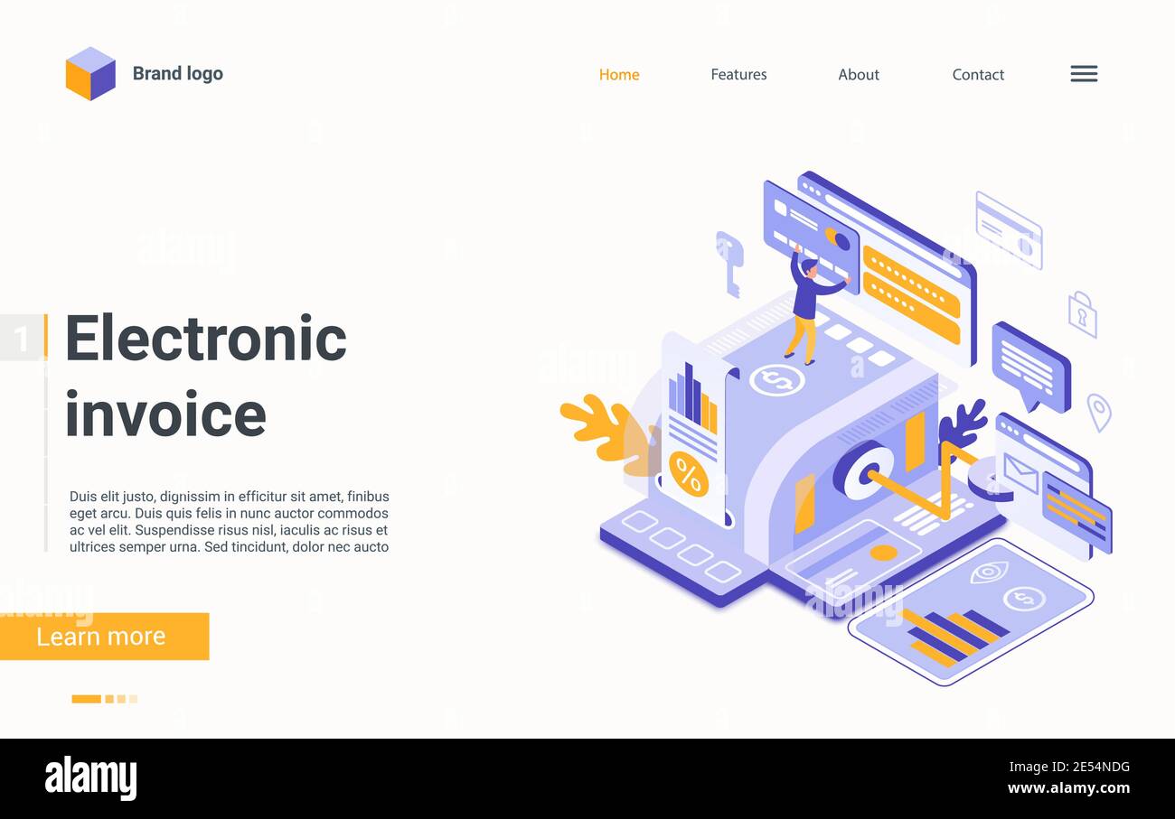 Fattura elettronica, illustrazione vettoriale isometrica della tecnologia di finanza digitale. Cartoon 3d mobile pagamento da conto online banca finanziaria, utente minuscolo carattere pagamento con carta di credito landing page Illustrazione Vettoriale