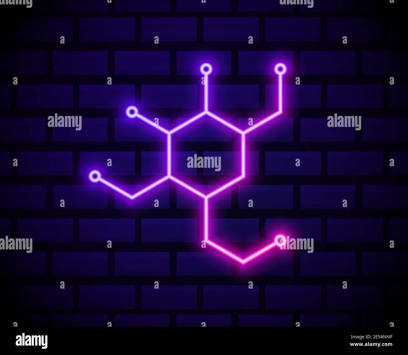 Neon incandescente formula chimica costituita da benzen anelli icona isolato su sfondo muro di mattoni. Illustrazione vettoriale. Illustrazione Vettoriale