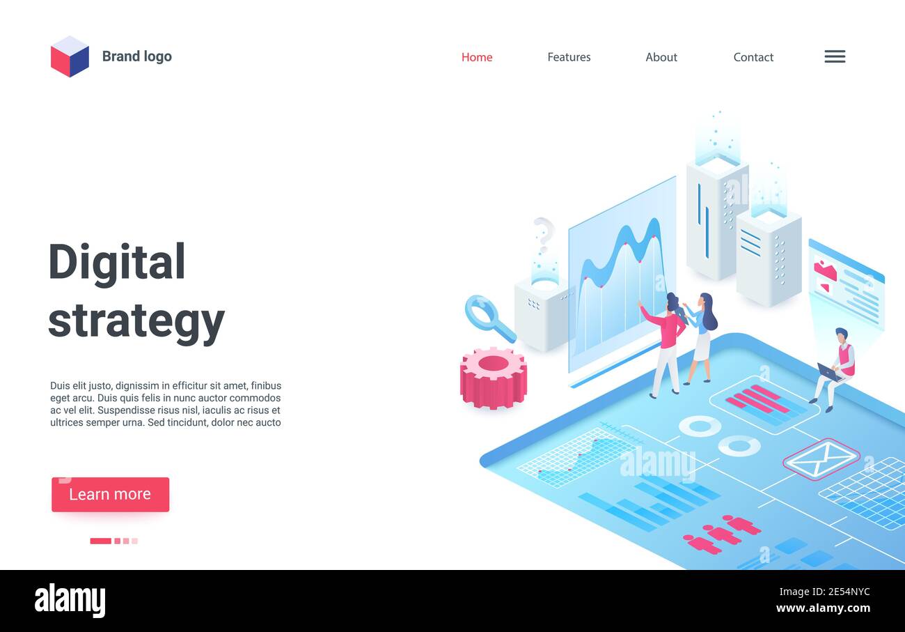 Illustrazione vettoriale isometrica della piattaforma di strategia digitale. Gli analisti 3d di Cartoon le persone analizzano i dati del mercato azionario di trading, grafici e grafici di sviluppo di business, landing page di digital media marketing Illustrazione Vettoriale