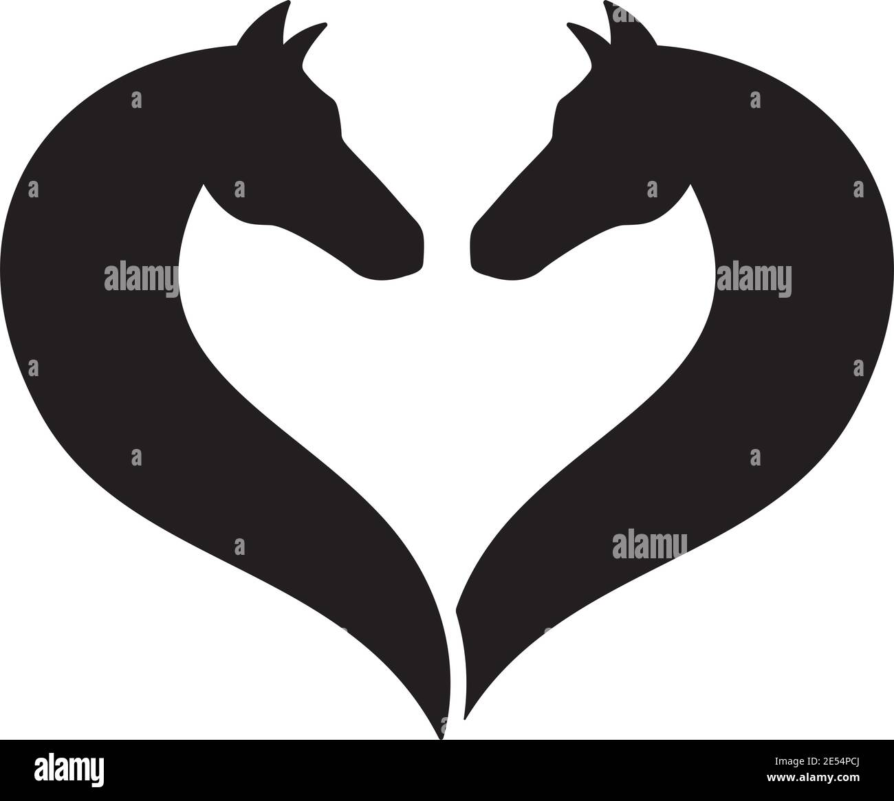 Due sagome a testa di cavallo rivolte l'una verso l'altra, formando un'illustrazione vettoriale a forma di cuore Illustrazione Vettoriale