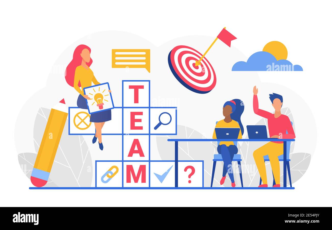 Illustrazione vettoriale crossword team. Cartoon business persone che lavorano accanto al puzzle crossword con parola di squadra, seduto con notebook e lampadina simbolo idea, successo lavoro di squadra isolato su bianco Illustrazione Vettoriale