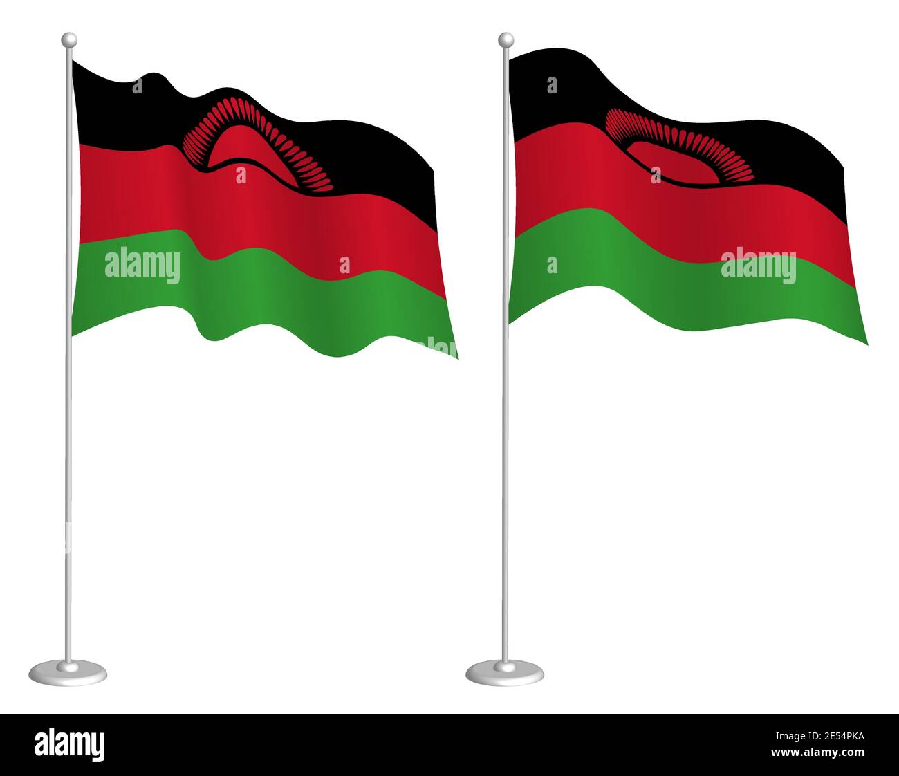 Bandiera della Repubblica del Malawi su flagpole che ondolano nel vento. Elemento di design per le vacanze. Punto di verifica per i simboli della mappa. Vettore isolato su sfondo bianco Illustrazione Vettoriale