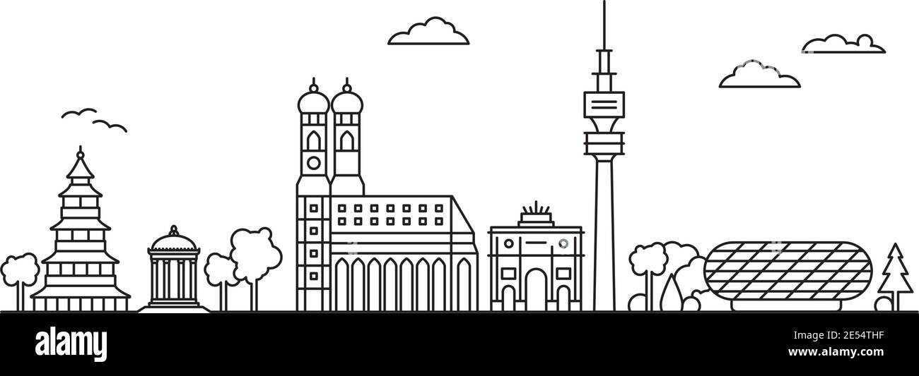 Illustrazione della linea d'arte del paesaggio urbano di Monaco. Cattedrale di Frauenkirche, Torre Cinese, Torre della Televisione e altri punti di riferimento della capitale bavarese in panoramica v Illustrazione Vettoriale