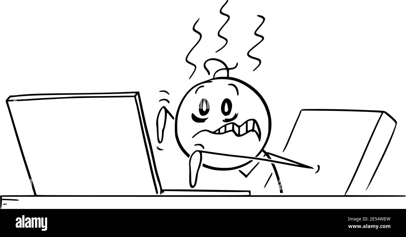 Stressato, overworked, uomo malato, blogger o lavoratore d'ufficio sta lavorando o digitando su computer, vettore cartoon stick figura o illustrazione di carattere. Illustrazione Vettoriale