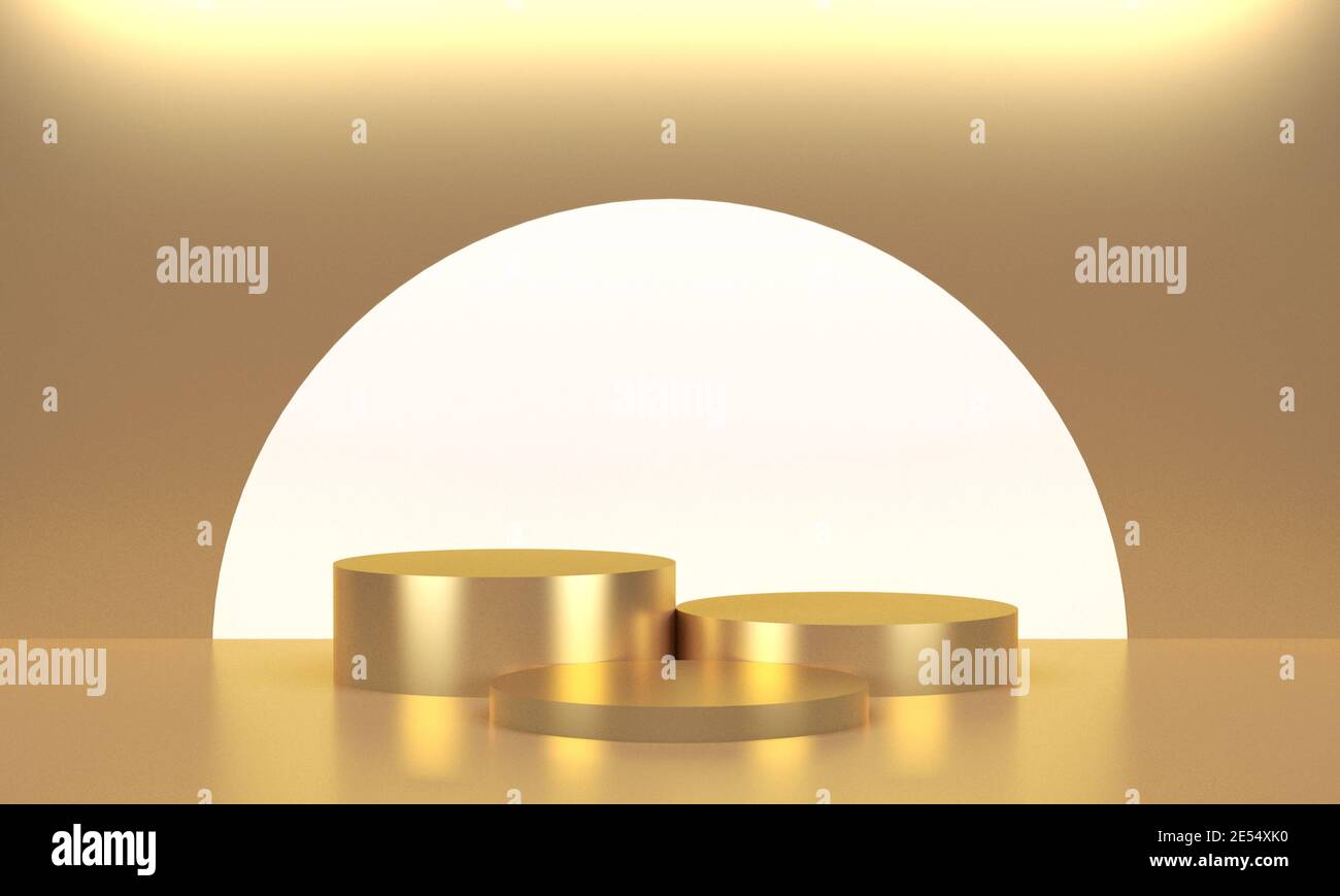Tre display rotondi dorati per il prodotto. rendering 3d, forma geometrica Foto Stock