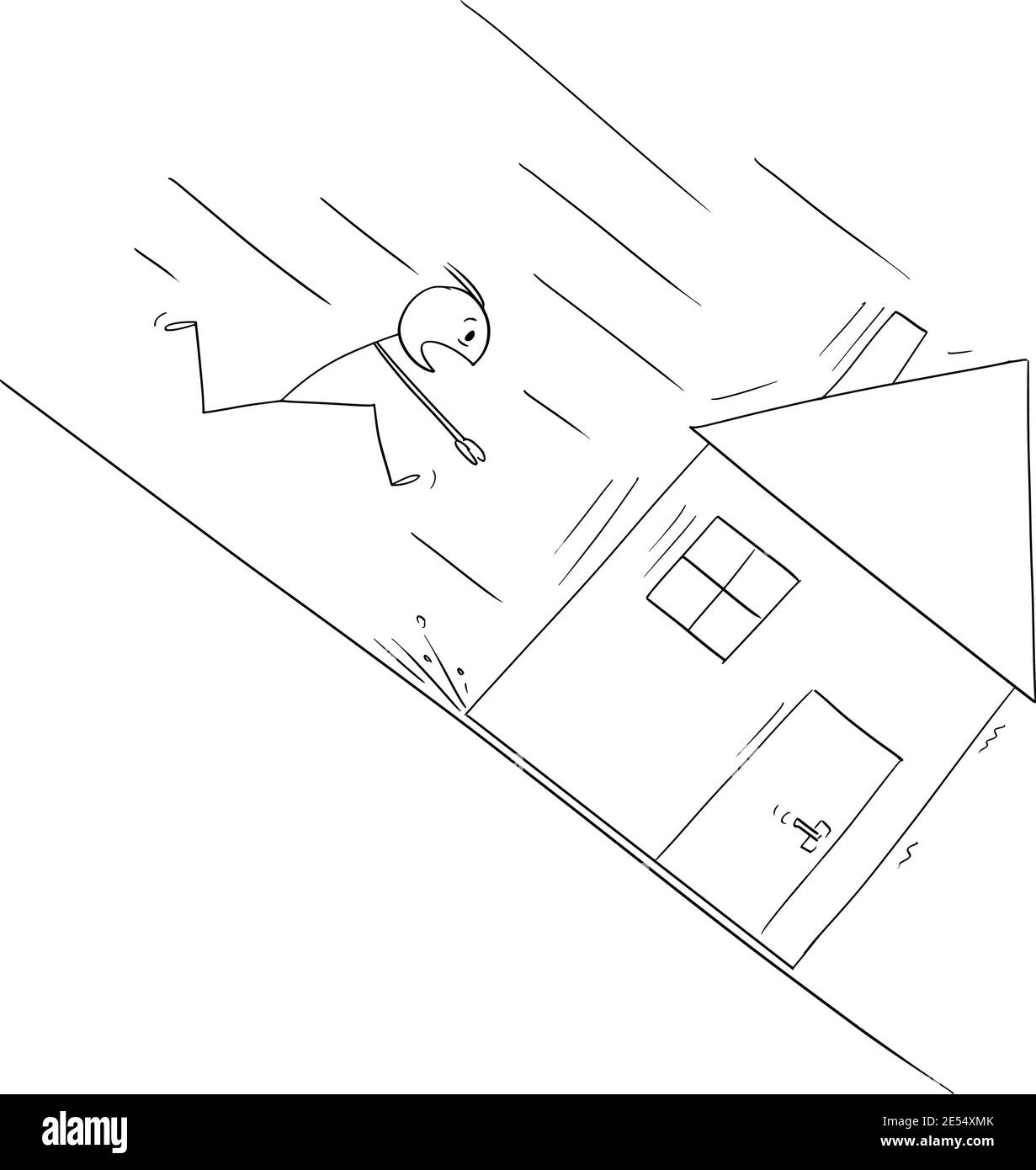 Uomo che corre per salvare la sua casa in movimento in discesa, ipoteca o prestito concetto, vettore cartoon figura stick o illustrazione di carattere. Illustrazione Vettoriale