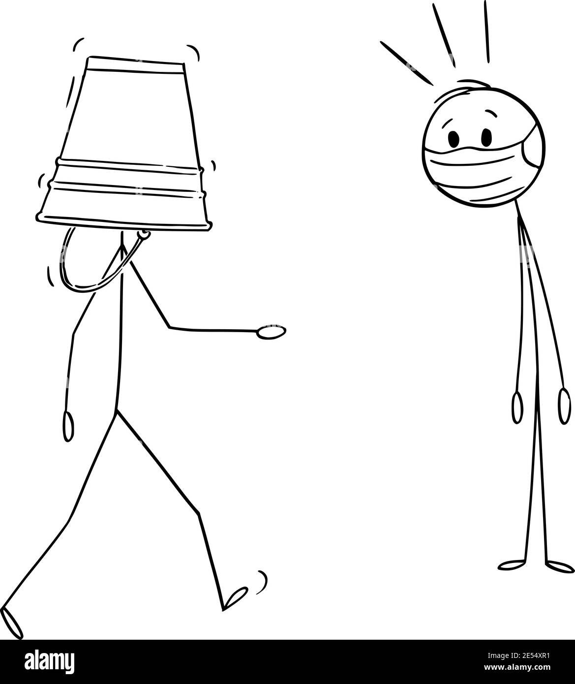 Uomo che indossa secchio o secchio sulla sua testa come protezione da coronavirus covid-19 invece di maschera facciale o respiratore, vettore cartoon figura stick o illustrazione di carattere. Illustrazione Vettoriale