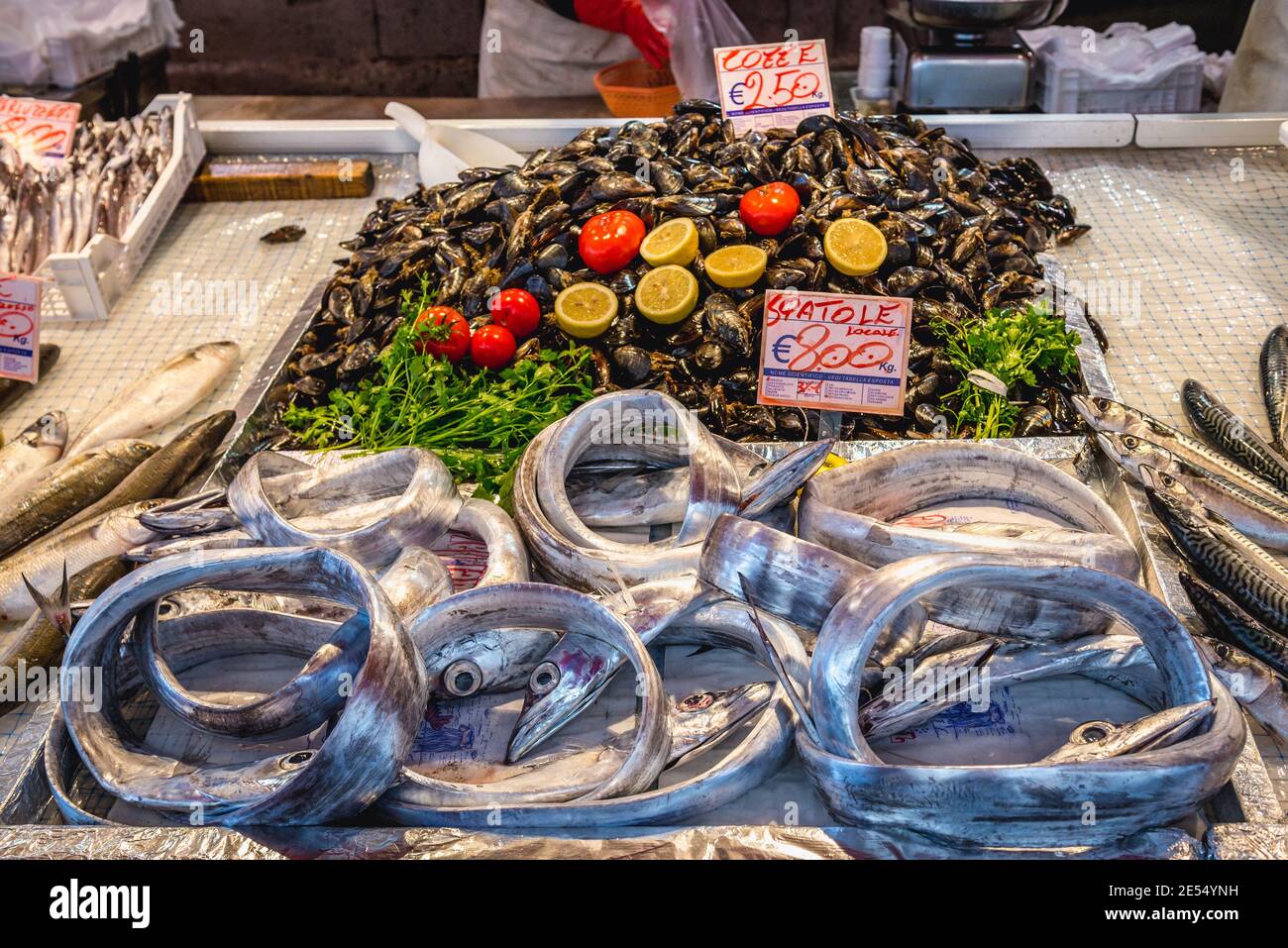 Cozze e argento scabbardfishes per la vendita sul quotidiano mercato all'aperto nella città di Siracusa, angolo sud-est dell'isola di Sicilia, Italia Foto Stock
