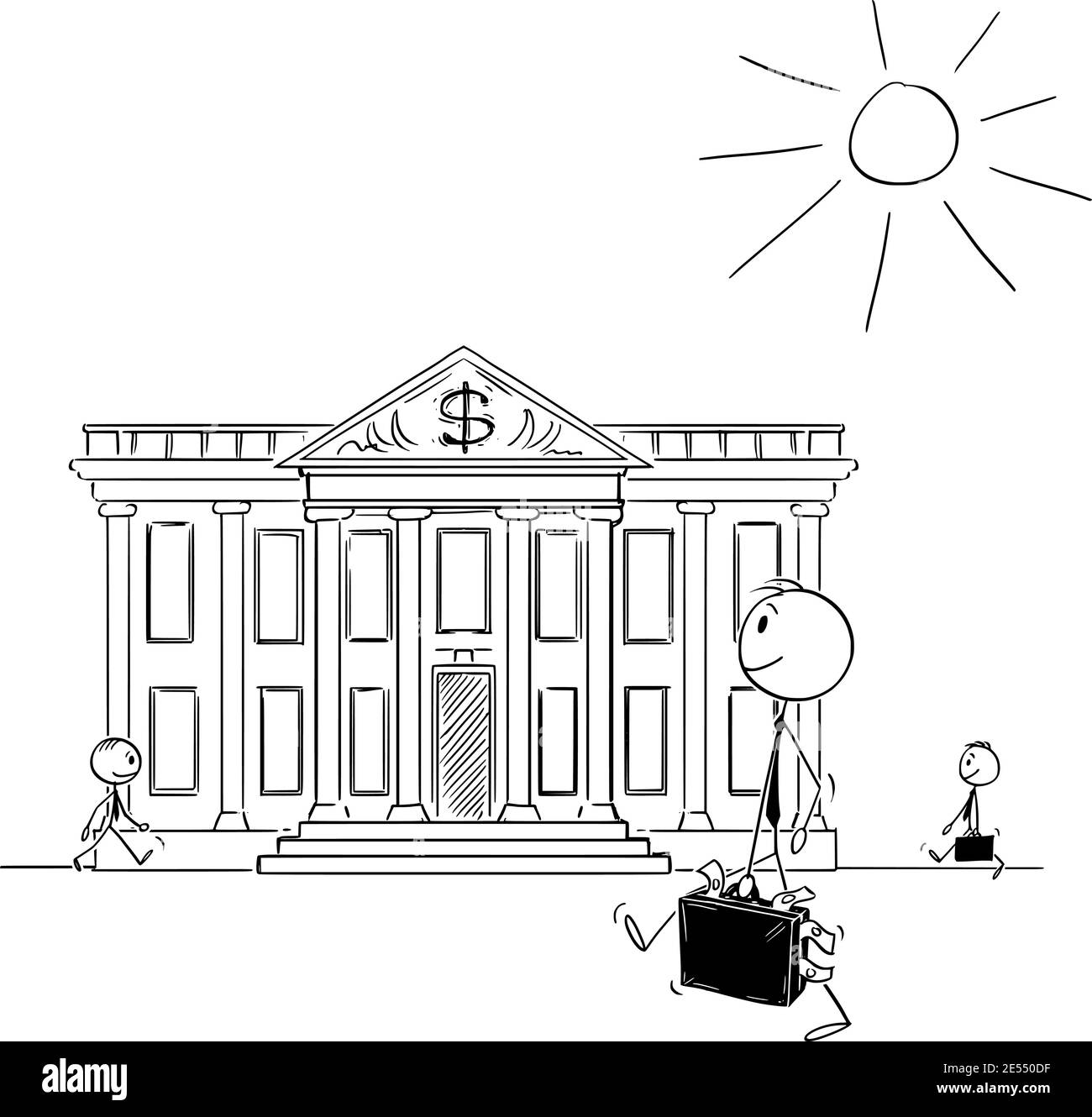 Investitore, uomo d'affari o banchiere sta camminando con caso di soldi alla costruzione della banca, figura del bastone del cartone animato vettore o illustrazione del carattere. Illustrazione Vettoriale