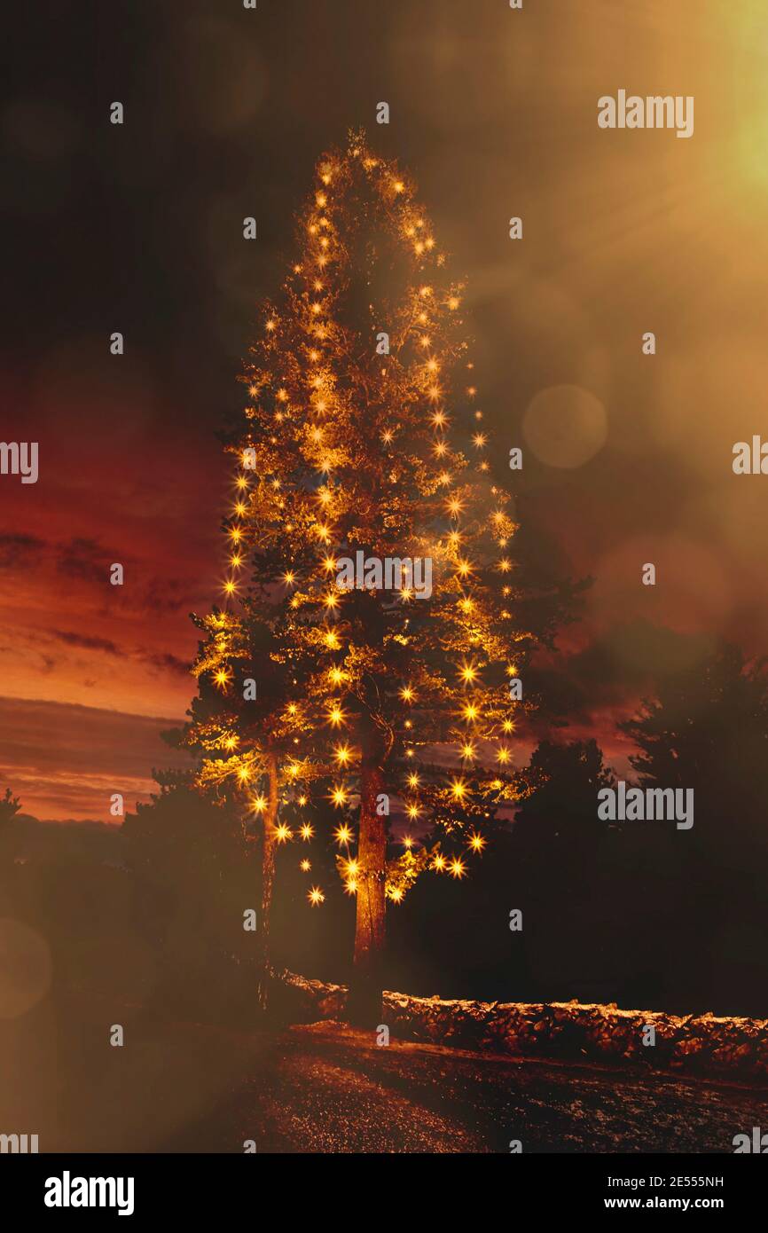 Albero di Cristo illuminato di Uskela Chiesa al crepuscolo di Natale. Filtri aggiunti per un'atmosfera festosa. Salo, Finlandia. 2020. Foto Stock