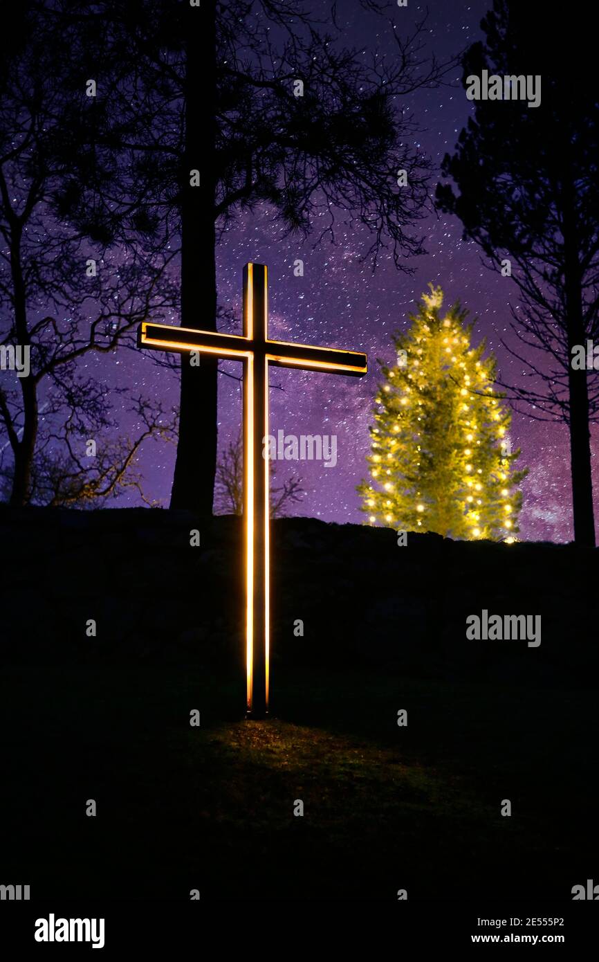 Croce illuminata e albero di Natale con luci luminose di notte con cielo stellato e alberi dalle silhouette a Natale. Salo, Finlandia. 2020. Foto Stock