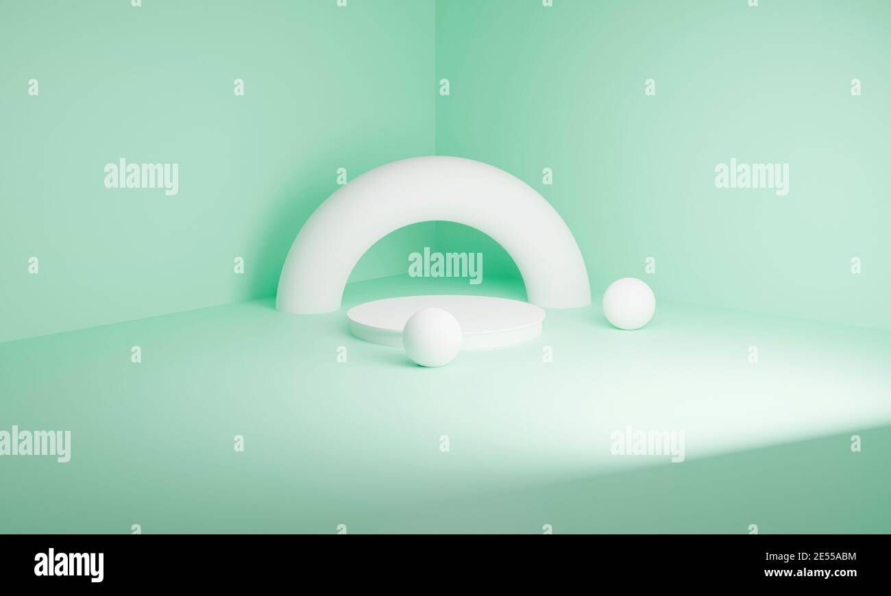 Scena minima con podio e sfondo astratto. Forma geometrica. Scena di colori pastello blu. Rendering 3d minimo. Scenografia con forme geometriche e. Foto Stock
