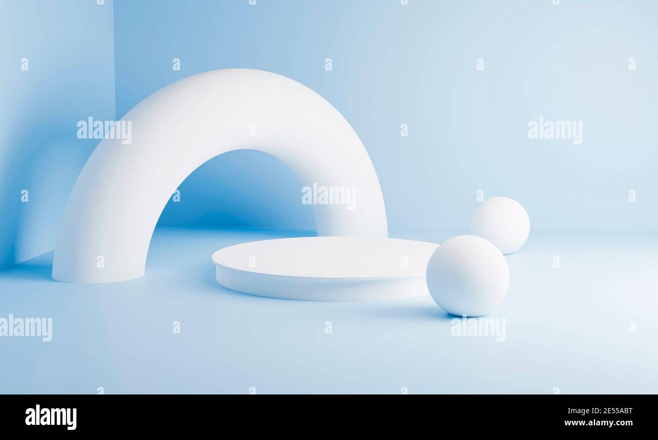 Scena minima con podio e sfondo astratto. Forma geometrica. Scena di colori pastello blu. Rendering 3d minimo. Scenografia con forme geometriche e. Foto Stock