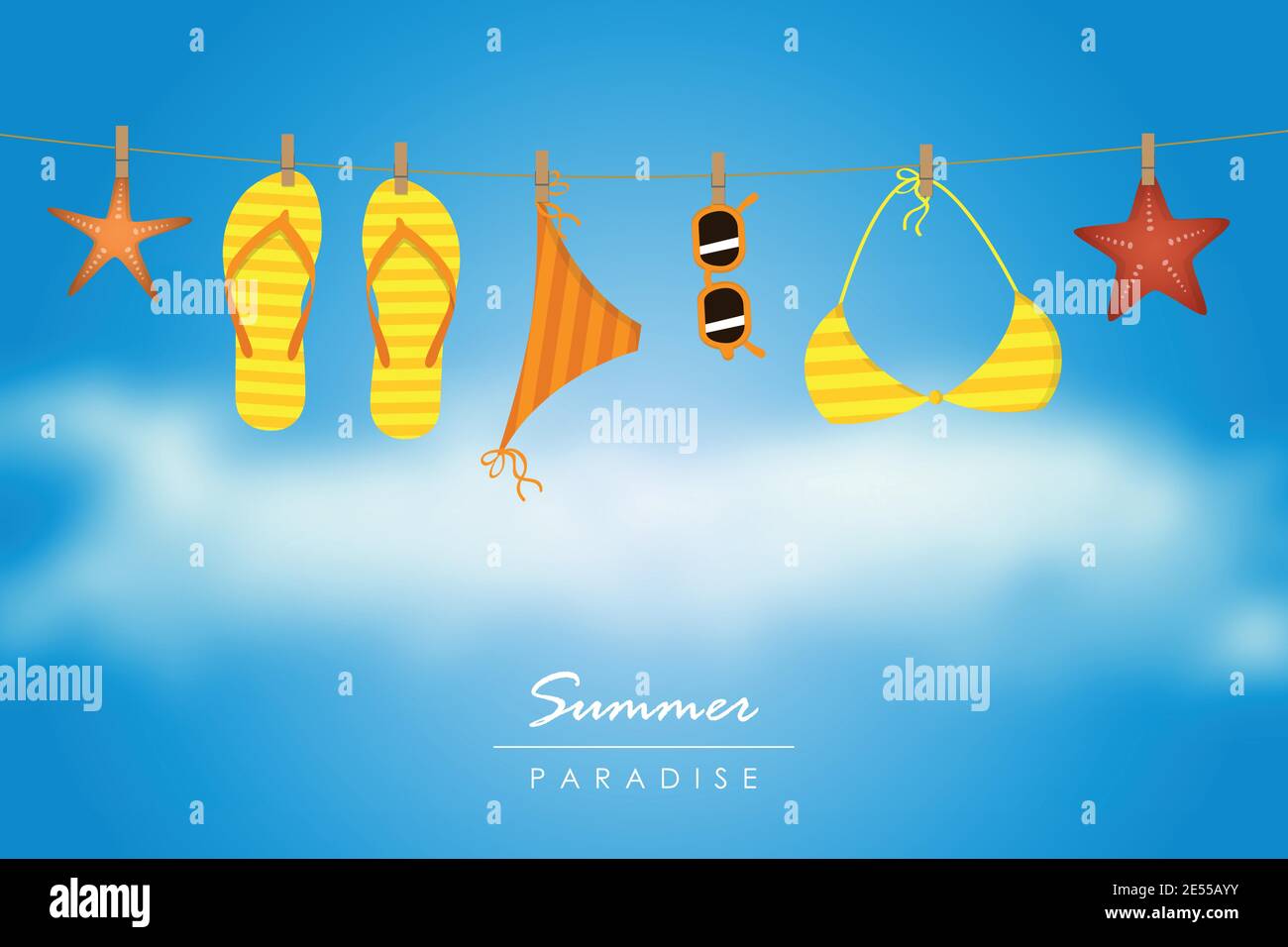 Vacanze estive infradito a righe bikini e occhiali da sole appendono su una corda vettore illustrazione EPS10 Illustrazione Vettoriale