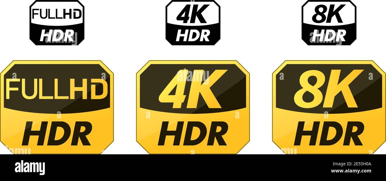 Set di icone HDR gialle e nere. Versione HD, 4k e 8k Illustrazione Vettoriale