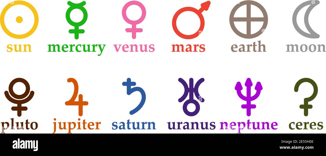 Insieme di semplici simboli astrologici che rappresentano pianeti e corpi celesti Illustrazione Vettoriale