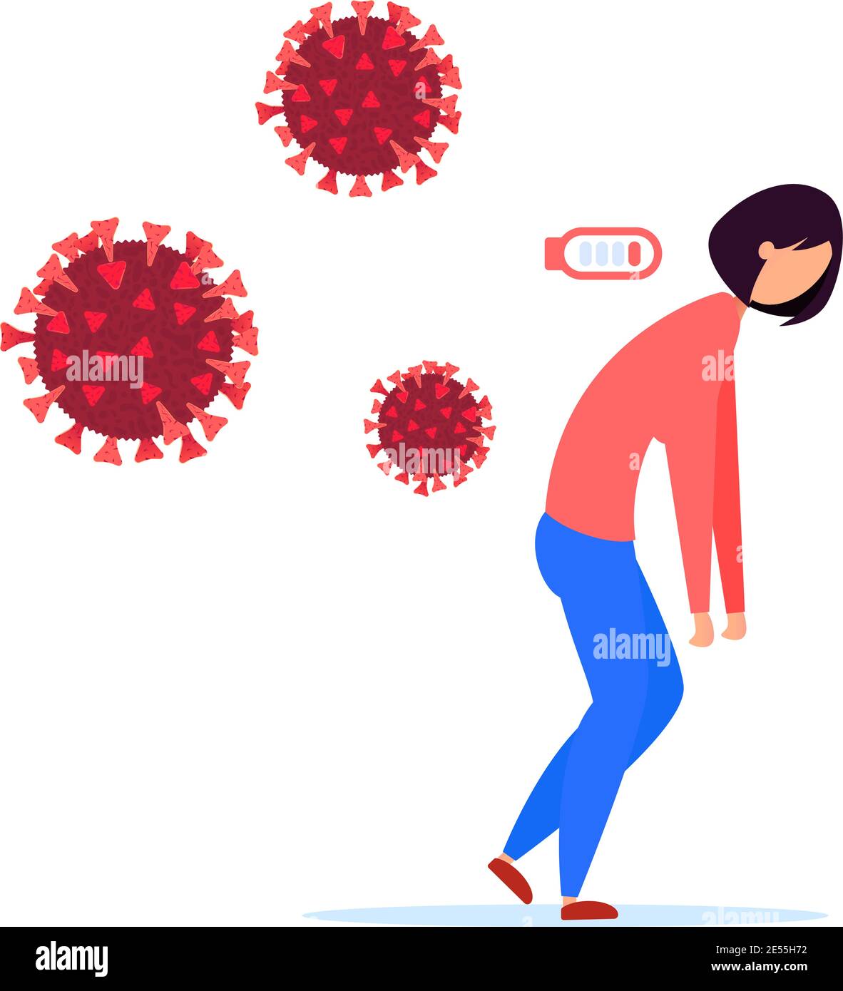 Ragazza giovane stanca che si allontana dal virus della molecola del coronavirus. Disegno vettoriale piatto Illustrazione Vettoriale