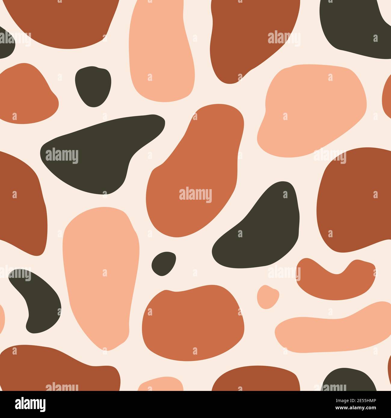 Pattern ripetitivo senza cuciture con forme organiche astratte in colori caldi della terra. Tessuto in stile collage contemporaneo, poster, carta da parati, confezione de Illustrazione Vettoriale