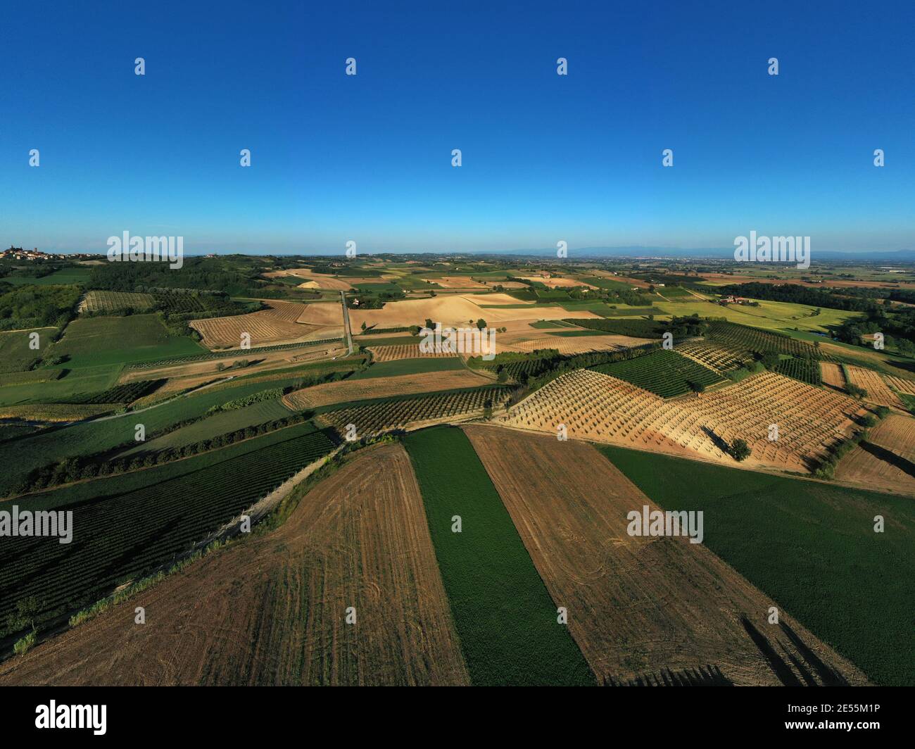 Veduta aerea dei campi coltivati nel Monferrato durante un pomeriggio soleggiato, Piemonte, Italia settentrionale. Foto Stock