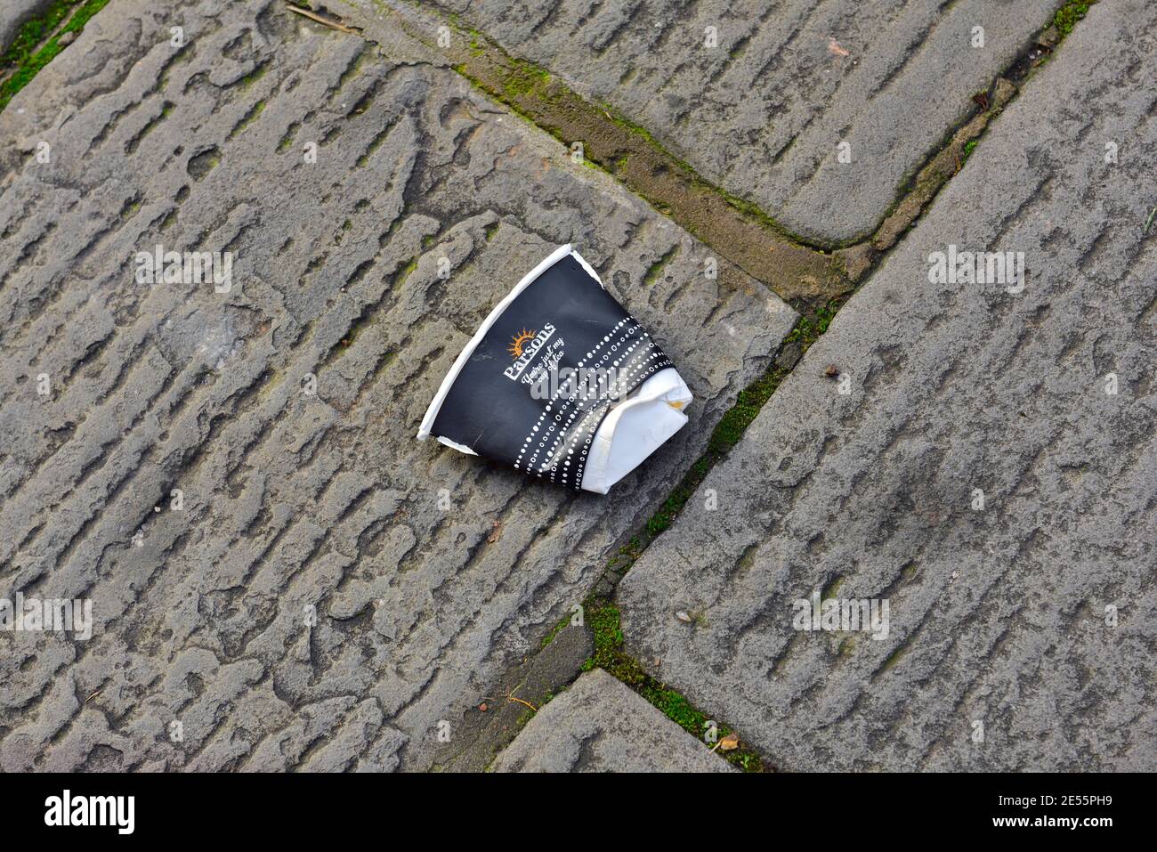 Scartato tazza di carta usata su pavimentazione, qualcosa di utile diventa cucciolata Foto Stock