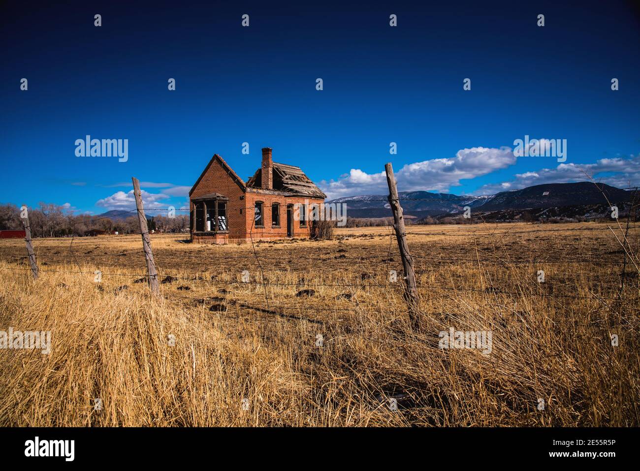 Derelict casa colonica in pascolo rurale. Il camino in mattoni di adobe al centro è un ricordo di tempi più semplici. Foto Stock