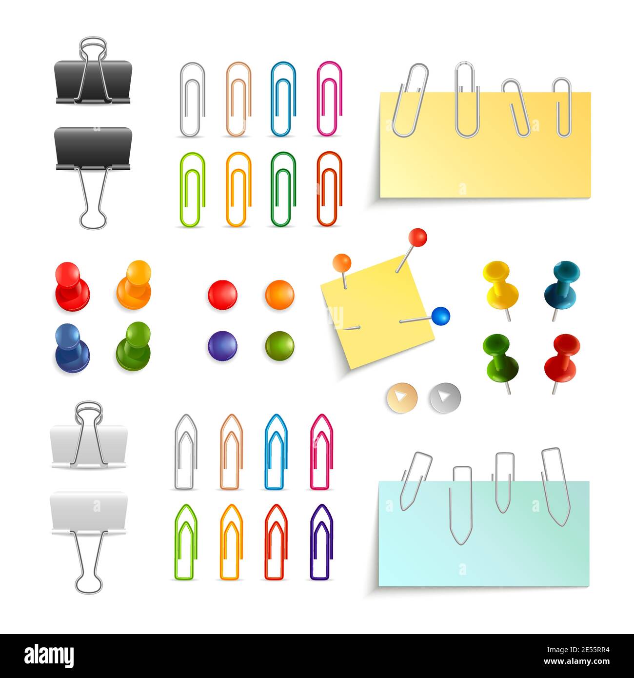 Raccoglitori e perni per graffette bianchi neri e colorati in 3d illustrazione vettoriale isolata del set di oggetti Illustrazione Vettoriale