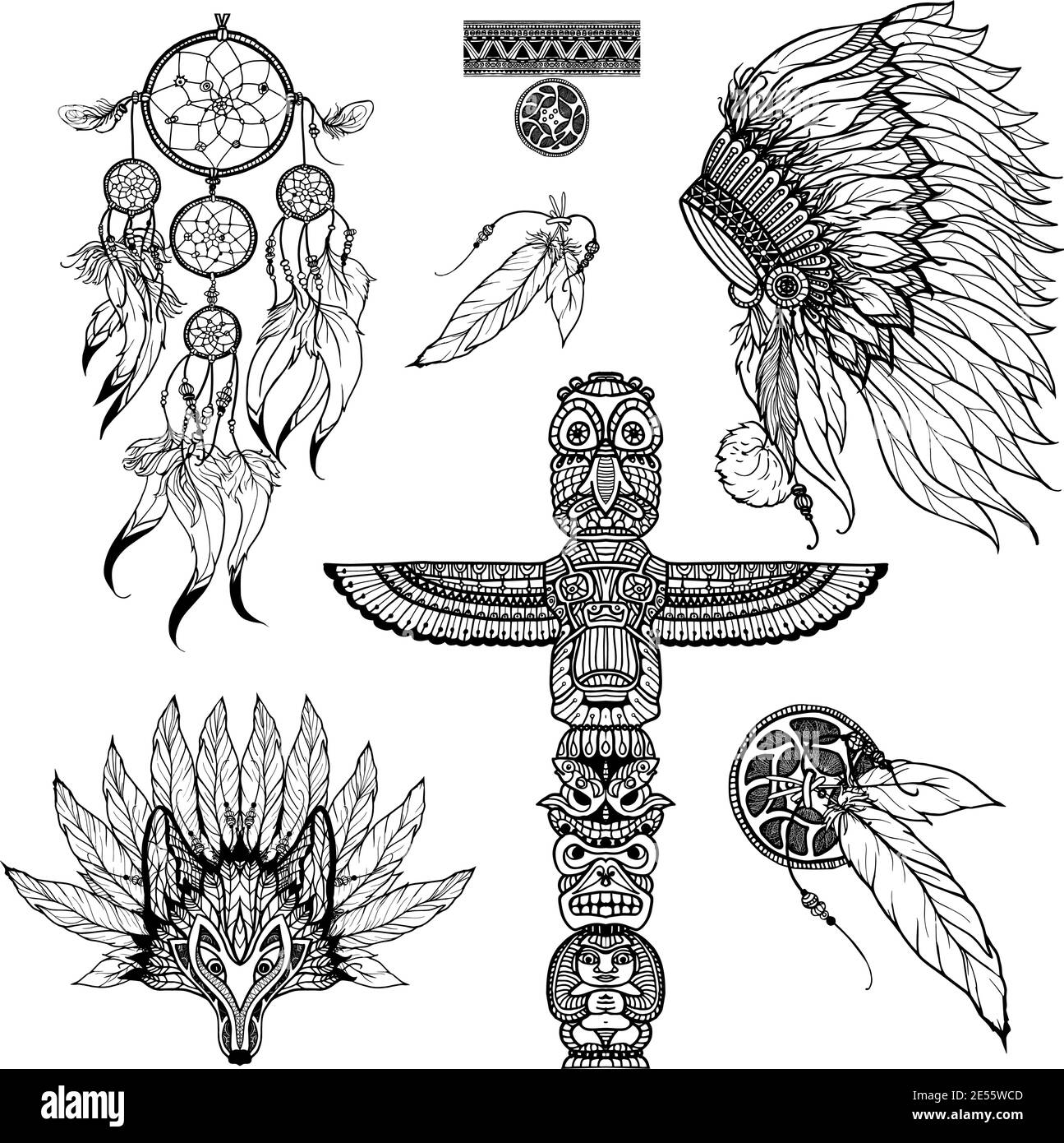 Set di doodle tribali con maschera animale dreamcatcher e totem isolato illustrazione vettoriale Illustrazione Vettoriale