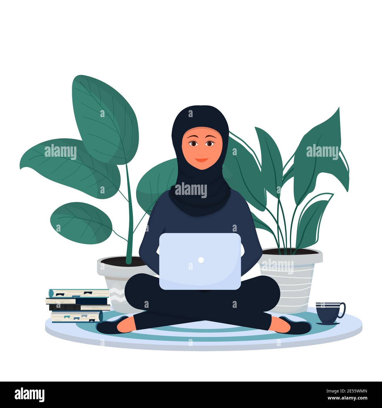 Musulmana, Araba donna seduta e lavorando con laptop in hijab, abiti tradizionali. Formazione online, concetto freelance, isolamento confortevole sul luogo di lavoro Illustrazione Vettoriale