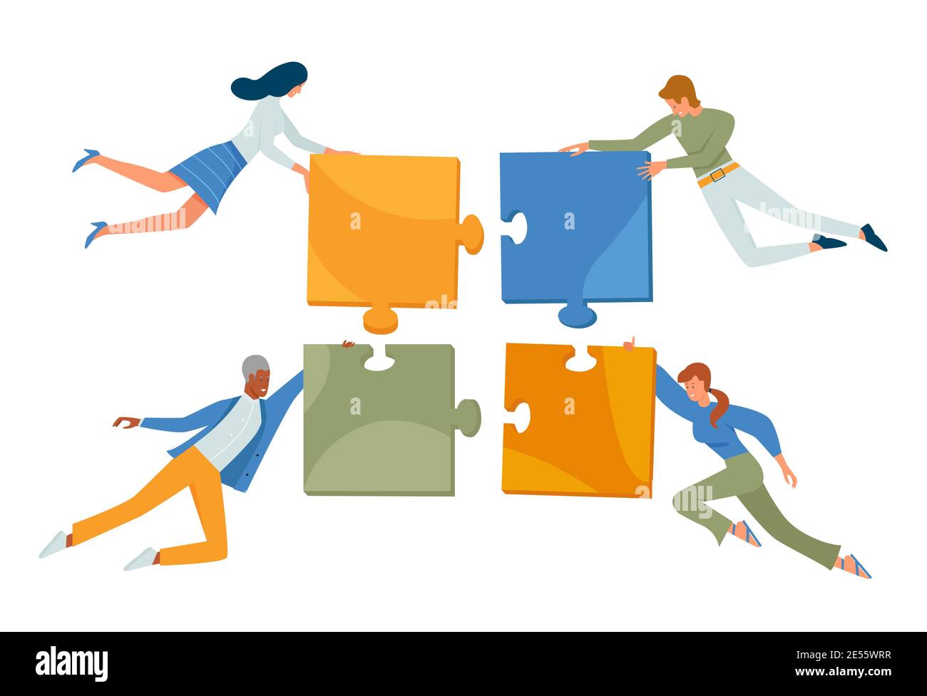 Gli uomini d'affari collegano l'illustrazione del vettore di concetto del puzzle. Cartoon uomini d'affari e uomini d'affari squadra personaggi volare, tenendo pezzi puzzle in mano, connessione di squadra isolato su bianco Illustrazione Vettoriale