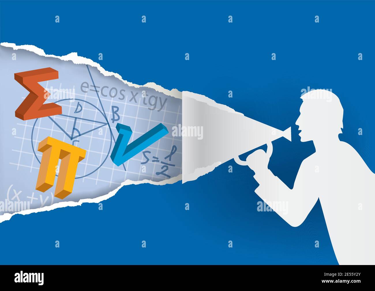 Insegnante di matematica, apprendimento a distanza Matematica, concetto di educazione online. Silhouette maschile con carta da rippaggio megafono con simboli matematici Illustrazione Vettoriale