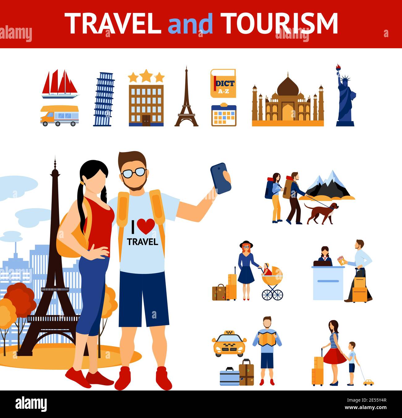 Elementi infografici di viaggi e turismo con punti di riferimento e immagini di persone in viaggio isolato piano vettore illustrazione Illustrazione Vettoriale