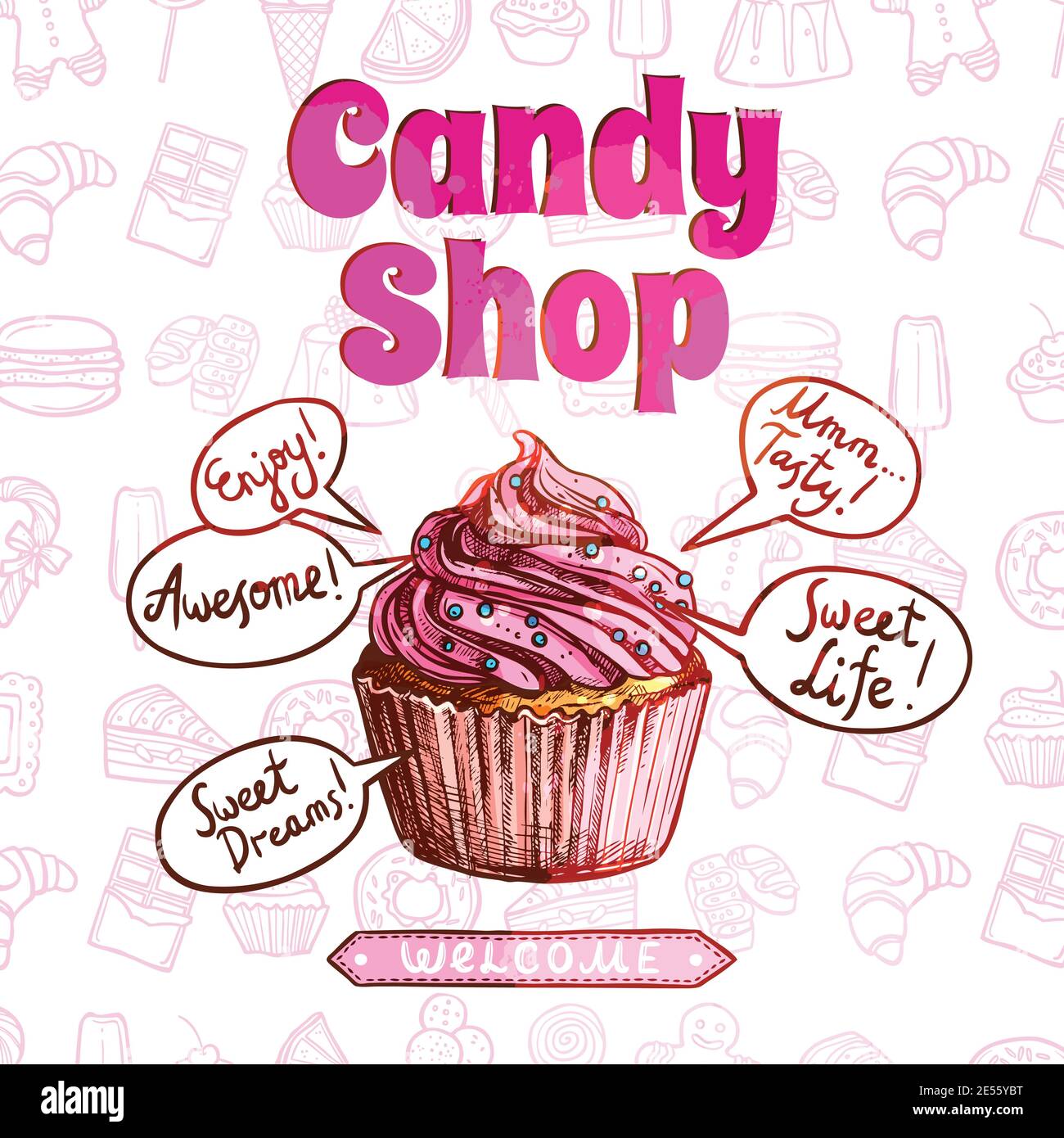 Poster negozio di caramelle con cupcake e dolci disegnati a mano illustrazione vettoriale di sfondo Illustrazione Vettoriale