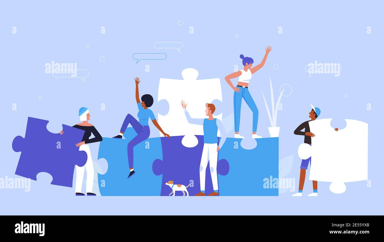 La gente che costruisce illustrazione vettoriale di concetto di puzzle creativo. Cartoon uomo donna gruppo di personaggi che indossano abiti casual, tenendo pezzi puzzle jigsaw per creare il successo idea di avvio sfondo Illustrazione Vettoriale