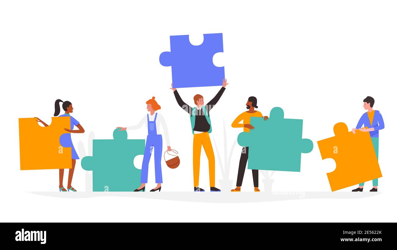 Persone con illustrazione vettoriale concetto puzzle. Cartone animato uomo donna gruppo di personaggi in abbigliamento casual, tenendo pezzi puzzle puzzle, in piedi e comunicando, comunicazione isolata su bianco Illustrazione Vettoriale