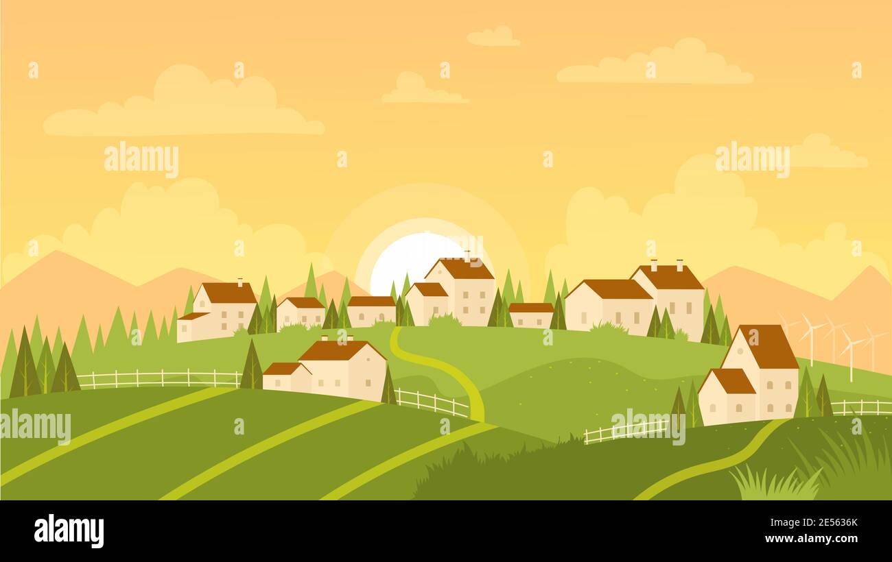 Paesaggio estivo con villaggio e l'alba illustrazione vettoriale. Campagna fattoria Cartoon vista all'aperto con case contadine su fresche verdi prati colline, montagne e sole su sfondo cielo mattina Illustrazione Vettoriale