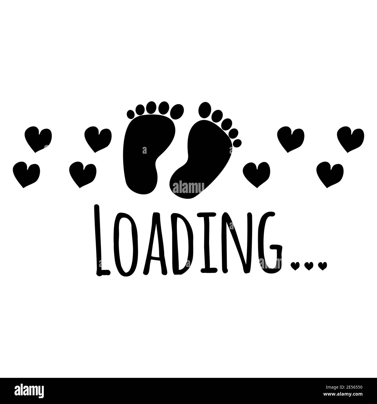 Caricando con l'impronta del bambino e i cuori, saluto carino con il neonato presto venire per la madre incinta. Stampa monocromatica, poster isolato su sfondo bianco Illustrazione Vettoriale