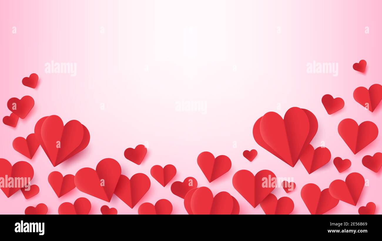 Cuori di carta. Poster di San Valentino con origami rosso volante a forma di cuore con ombra. Simboli d'amore. Saluto vettoriale per matrimoni o anniversari Illustrazione Vettoriale