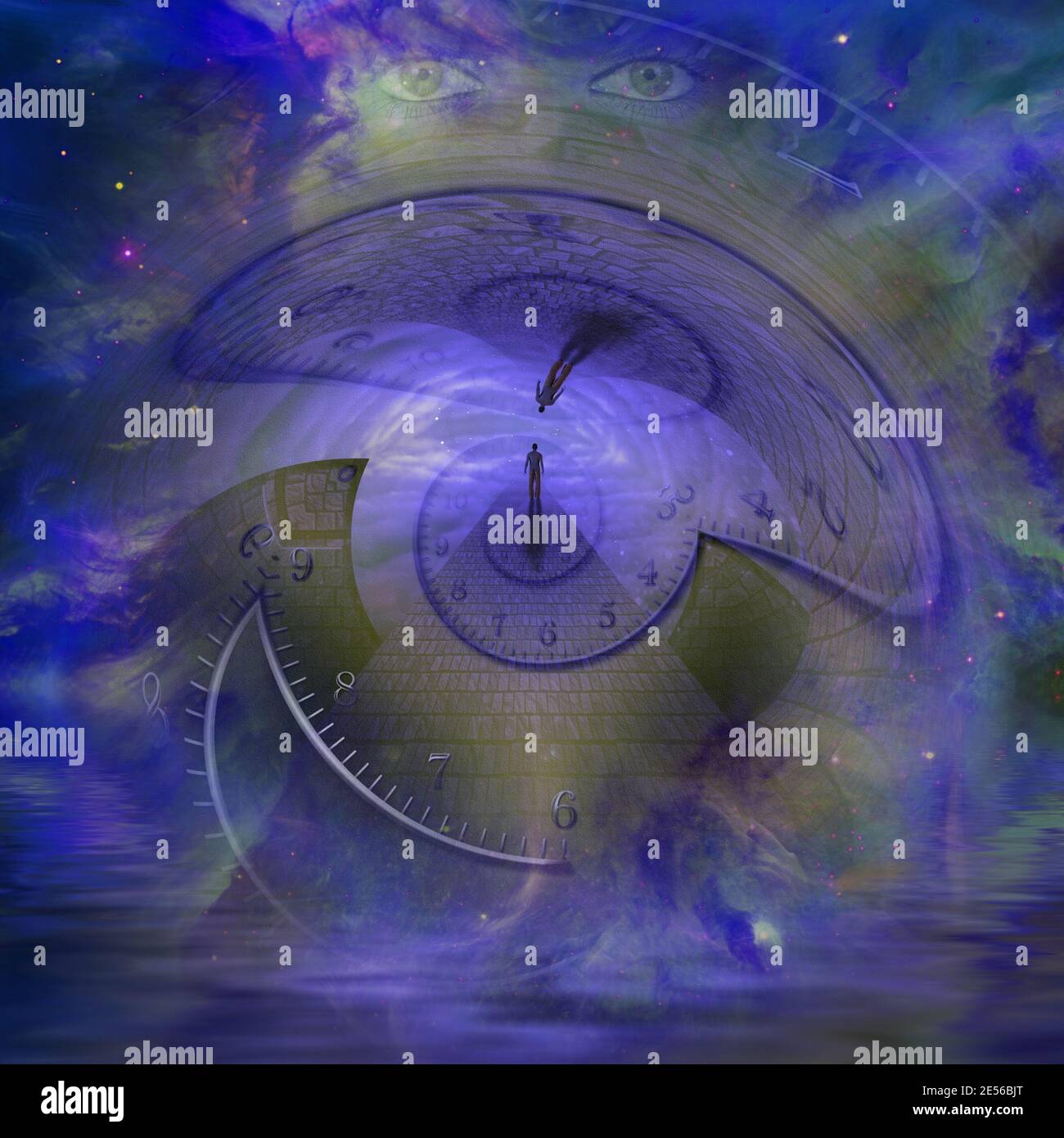Uomo in creazione con elemento di tempo. Rendering 3D Foto Stock