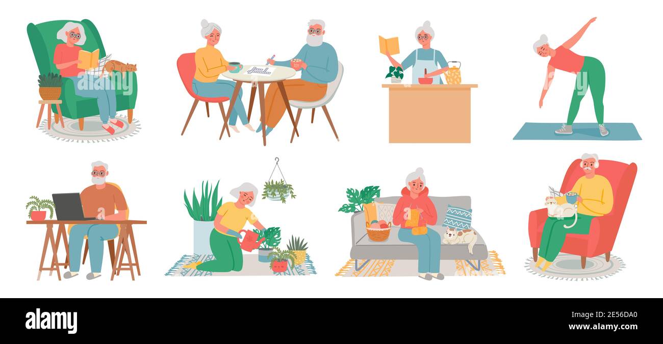 Hobby domestico della gente anziano. Gli uomini anziani, le donne e le coppie lavorano su computer, leggere, fitness, cucinare, cura delle piante e knite. Anziani in casa insieme vettoriale Illustrazione Vettoriale