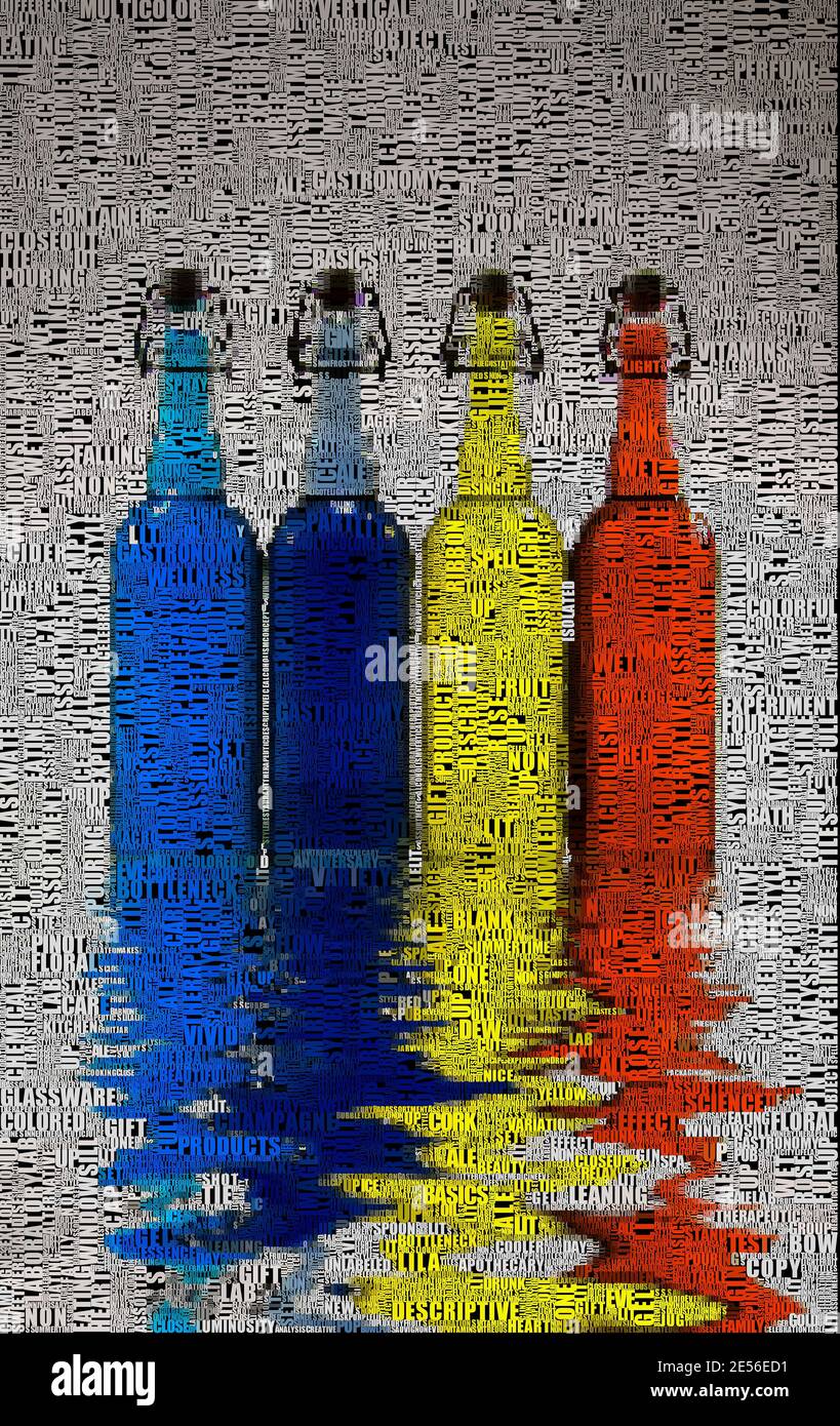 Bottiglie. Riflessione sull'acqua. Rendering 3D Foto Stock