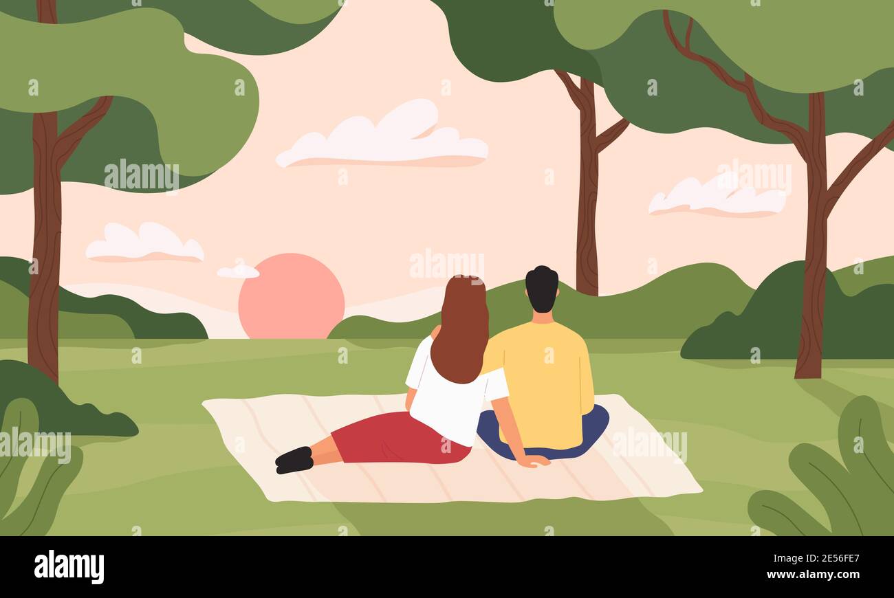 Coppia nella foresta. Uomo e donna abbracciano e guardano al tramonto nel parco. Picnic romantico nel paesaggio forestale estivo. Concetto del vettore della data d'amore Illustrazione Vettoriale