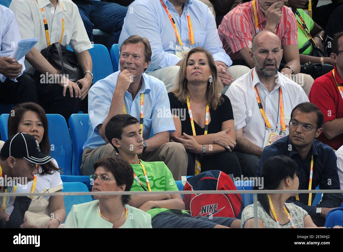 Il Granduca Henri di Lussemburgo e la Grande Duchessa Maria Teresa di Lussemburgo partecipano alla qualificazione di nuoto preliminare ai XXIX Giochi Olimpici di Pechino, Cina, il 9 agosto 2008. Foto di Gouhier-Hahn-Nebinger/Cameleon/ABACAPRESS.COM Foto Stock