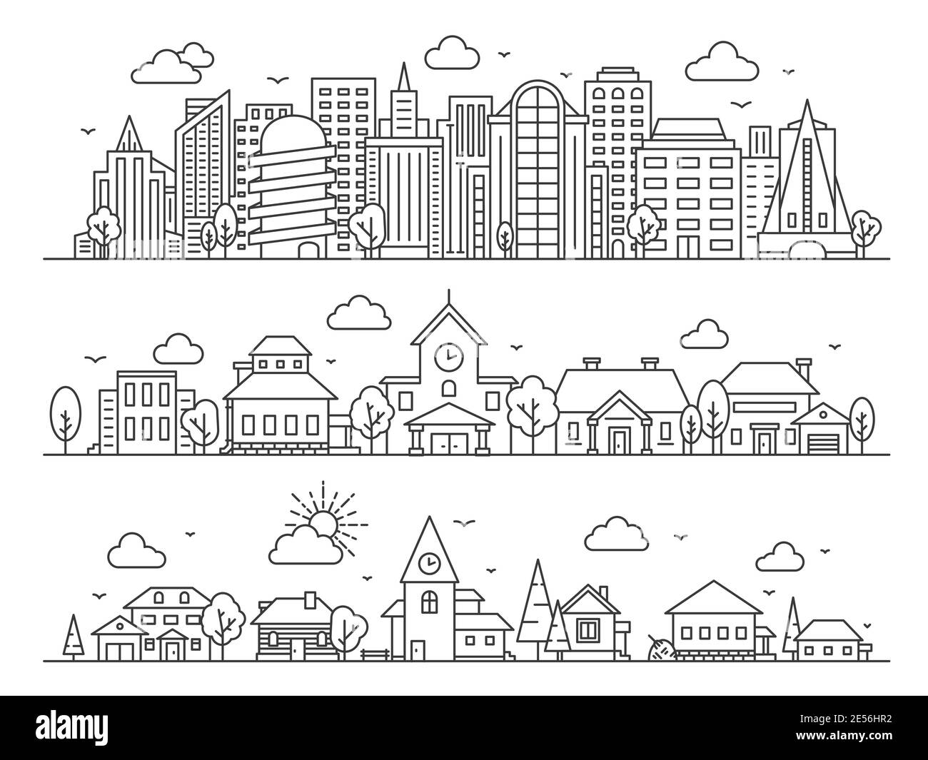 Line città, città e villaggio. Panorami paesaggistici con grattacieli, cottage e case di campagna. Concetto vettoriale di strade urbane e rurali Illustrazione Vettoriale