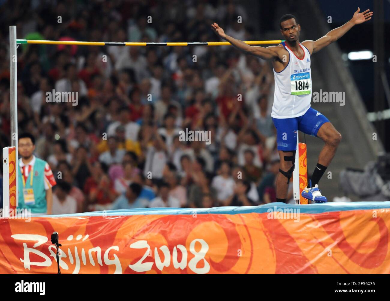Germaine Mason della Gran Bretagna vince la medaglia d'argento sul salto alto maschile del XXIX gioco Olimpico di Pechino, che ha ospitato lo Stadio Nazionale di Pechino, in Cina, il 19 agosto 2008. Foto di Gouhier-Hahn-Nebinger/Cameleon/ABACAPRESS.COM Foto Stock