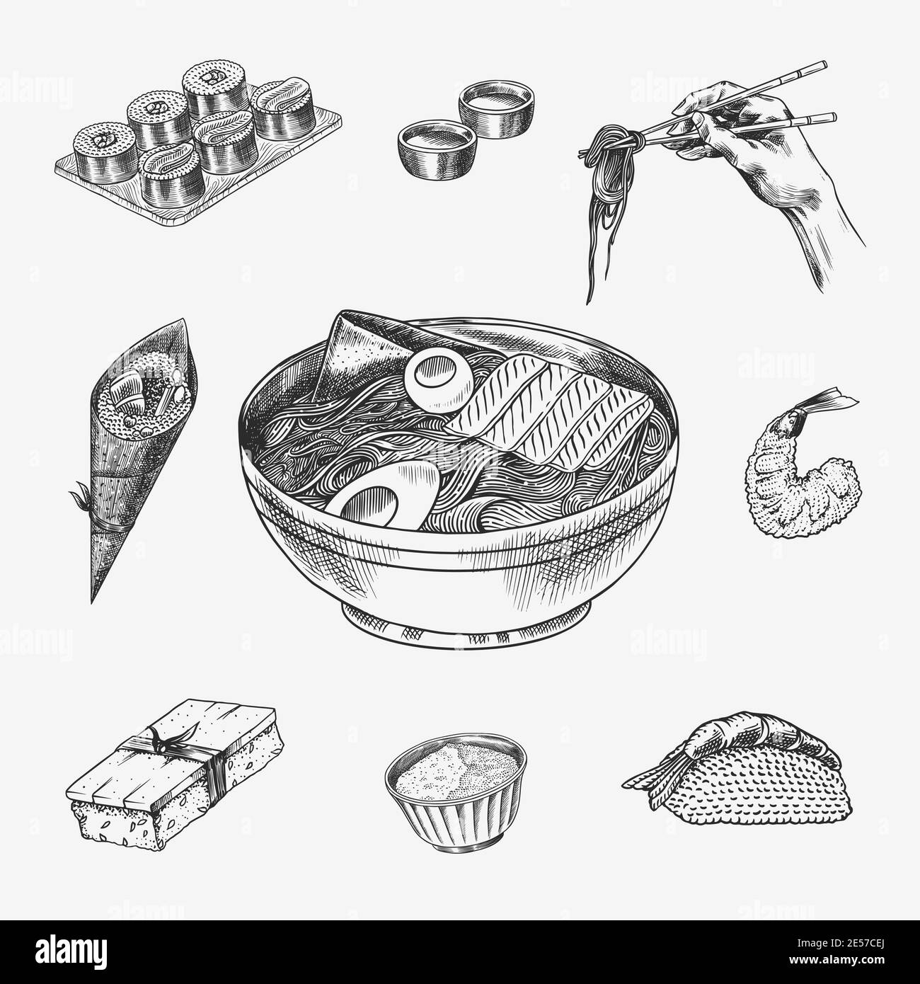 Set di piatti giapponesi. Sushi bar, spaghetti ramen, zuppa in una ciotola, rotolo e dessert, tè asiatico. Salsa di soia. Maniglie per bacchette. Schizzo inciso disegnato Illustrazione Vettoriale