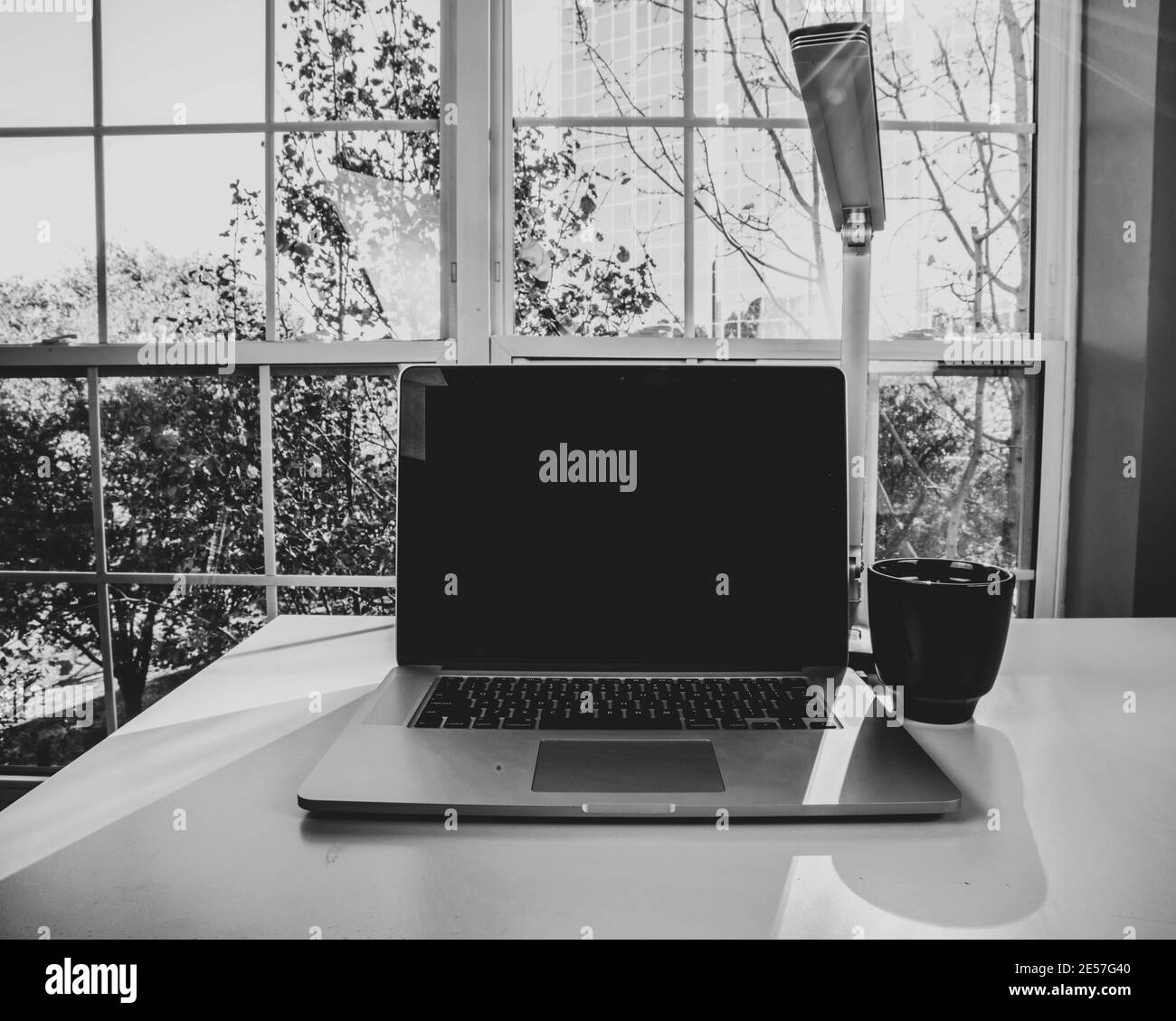 Postazione di lavoro con scrivania e computer portatile. Foto Stock