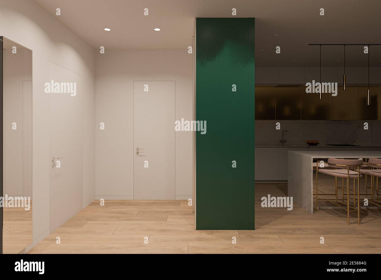 Design interno dell'appartamento in colori chiari. Visualizzazione realistica 3D al computer degli interni della cucina e della sala in uno stile moderno. Dayli Foto Stock